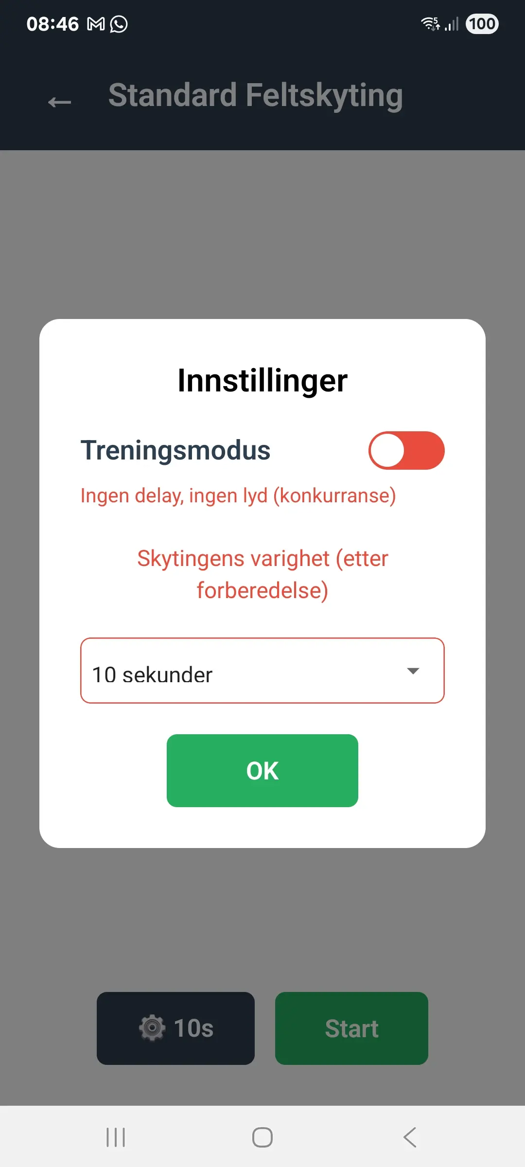 Feltmatch innstillinger skjerm med valg for antall skudd og tidsbegrensninger