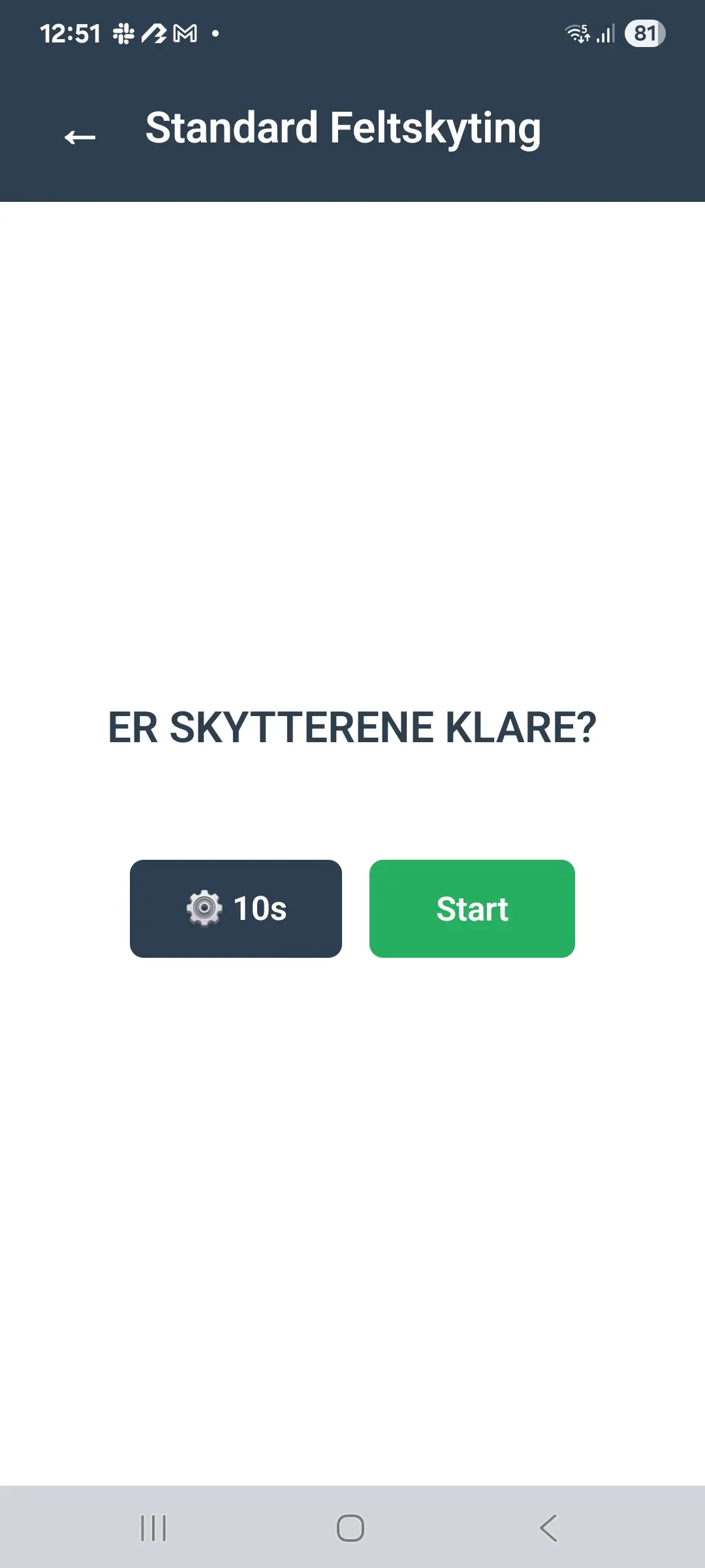 Feltmatch timer viser fase 1 med nedtelling og start-knapp